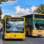 Dois ônibus coloridos parados em um ponto de transporte coletivo em uma rua urbana.